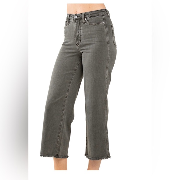 Judy Blue JB88734 High Waist Control Top Olive Green Fray Hem Crop Wide Leg 9/29 - Picture 2 of 15